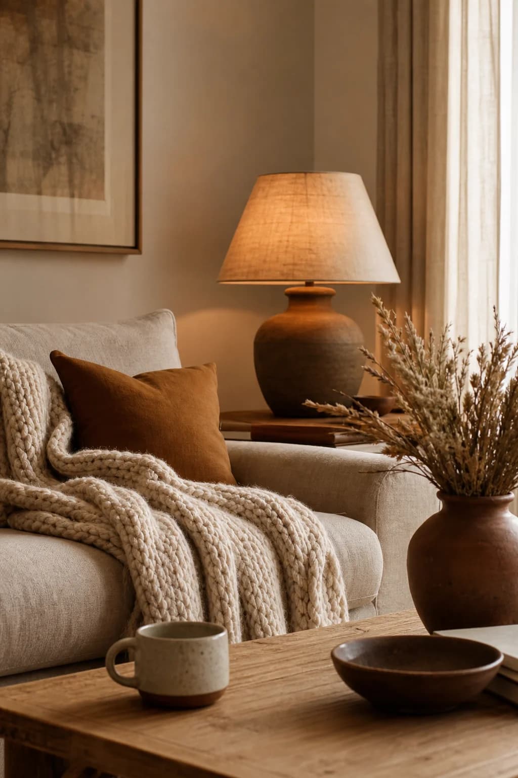 A cozy warm-toned living room corner