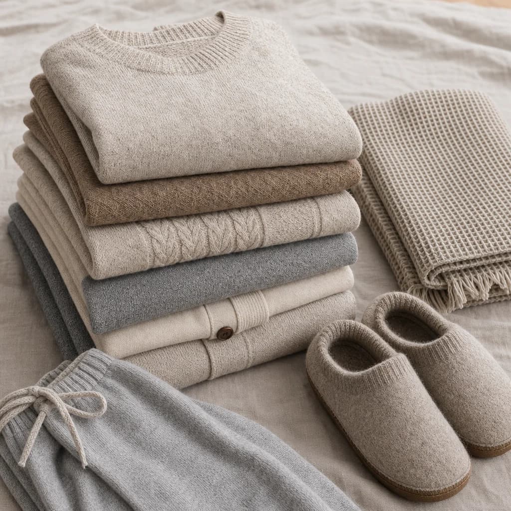 Soft folded knitwear in warm neutral tones